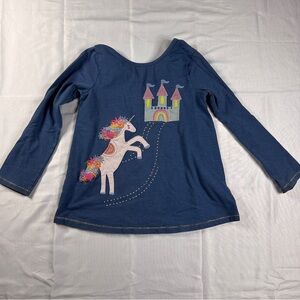Mud Pie Unicorn Castle Long Sleeve Blue Girls Shirt Button In Back Size 5T - 412
